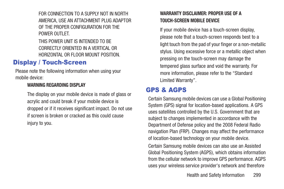 Display / touch-screen, Gps & agps, Display / touch-screen gps & agps | Samsung SGH-T699DABTMB User Manual | Page 305 / 344