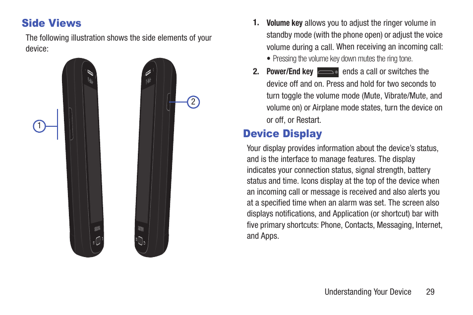 Side views, Device display, Side views device display | Samsung SGH-T699DABTMB User Manual | Page 35 / 344