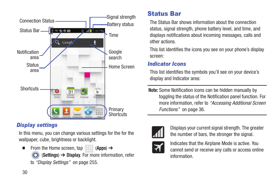 Status bar | Samsung SGH-T699DABTMB User Manual | Page 36 / 344