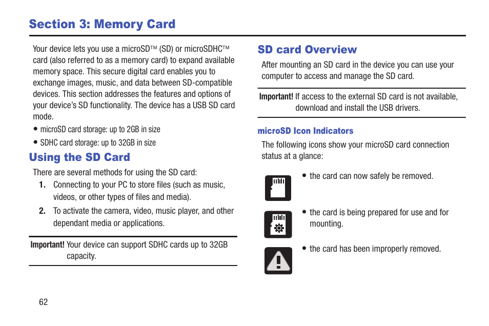 Section 3: memory card, Using the sd card, Sd card overview | Using the sd card sd card overview | Samsung SGH-T699DABTMB User Manual | Page 68 / 344