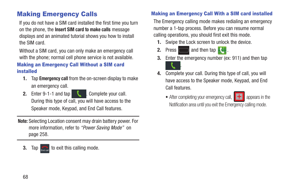 Making emergency calls | Samsung SGH-T699DABTMB User Manual | Page 74 / 344