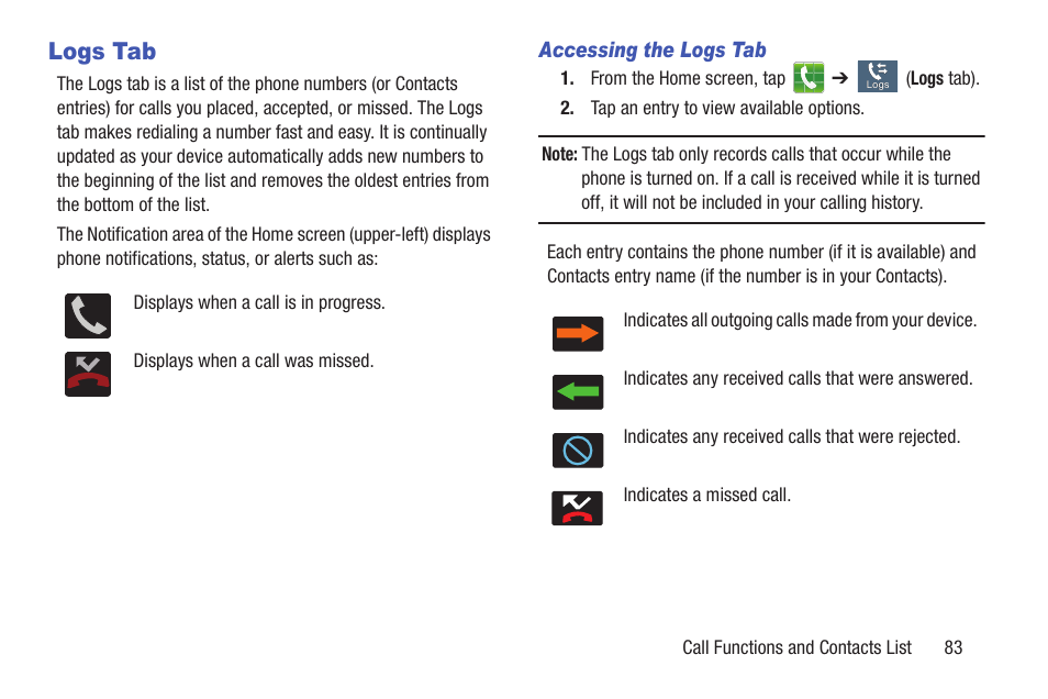 Logs tab | Samsung SGH-T699DABTMB User Manual | Page 89 / 344