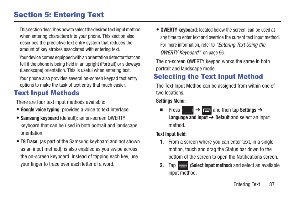 Section 5: entering text, Text input methods, Selecting the text input method | Text input methods selecting the text input method | Samsung SGH-T699DABTMB User Manual | Page 93 / 344