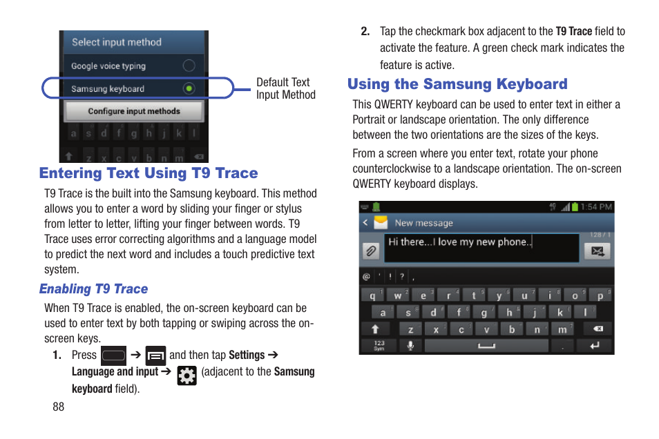 Entering text using t9 trace, Using the samsung keyboard | Samsung SGH-T699DABTMB User Manual | Page 94 / 344