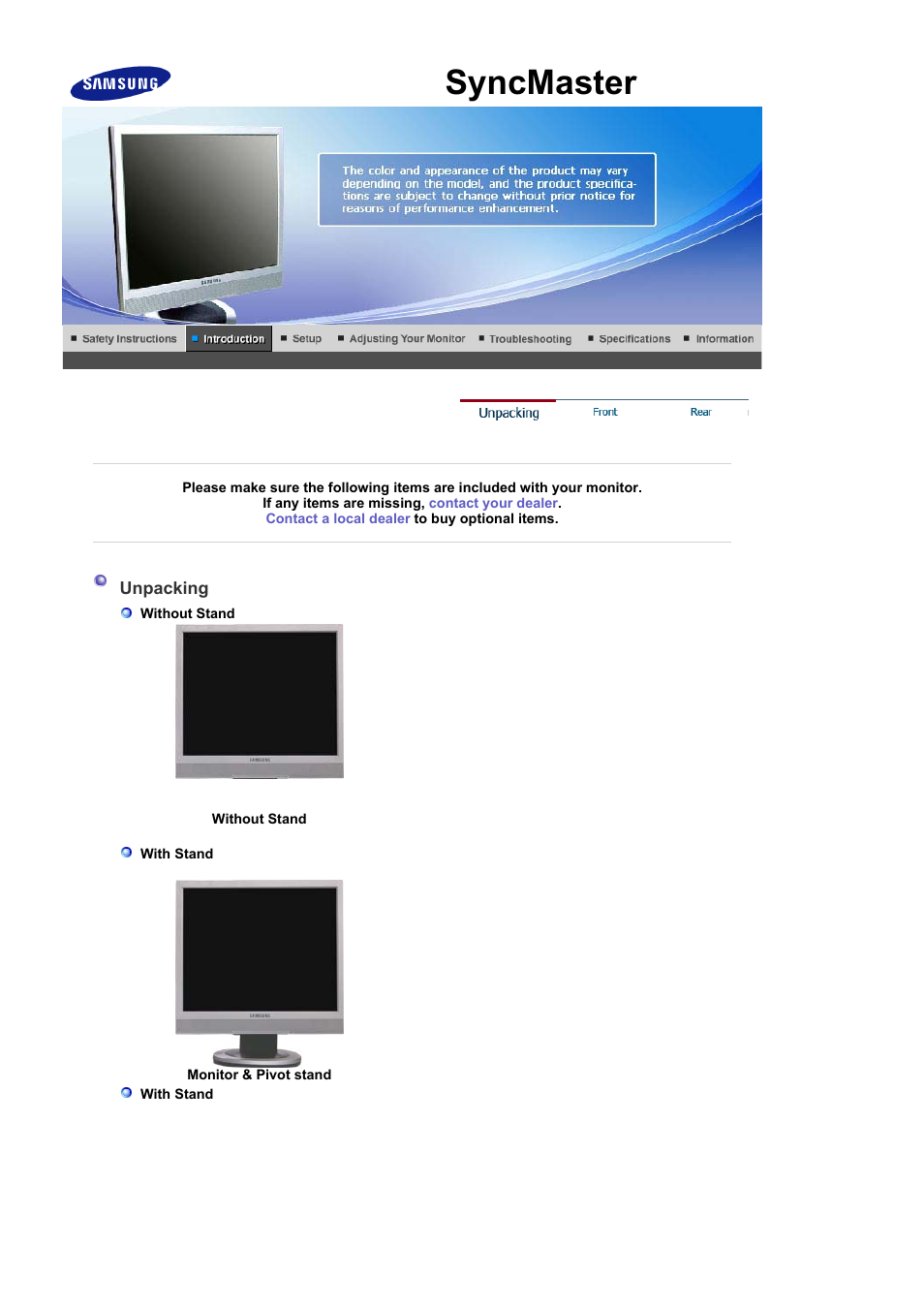 Syncmaster 713bm, Unpacking | Samsung LS17MJSKS-XAA User Manual | Page 14 / 89