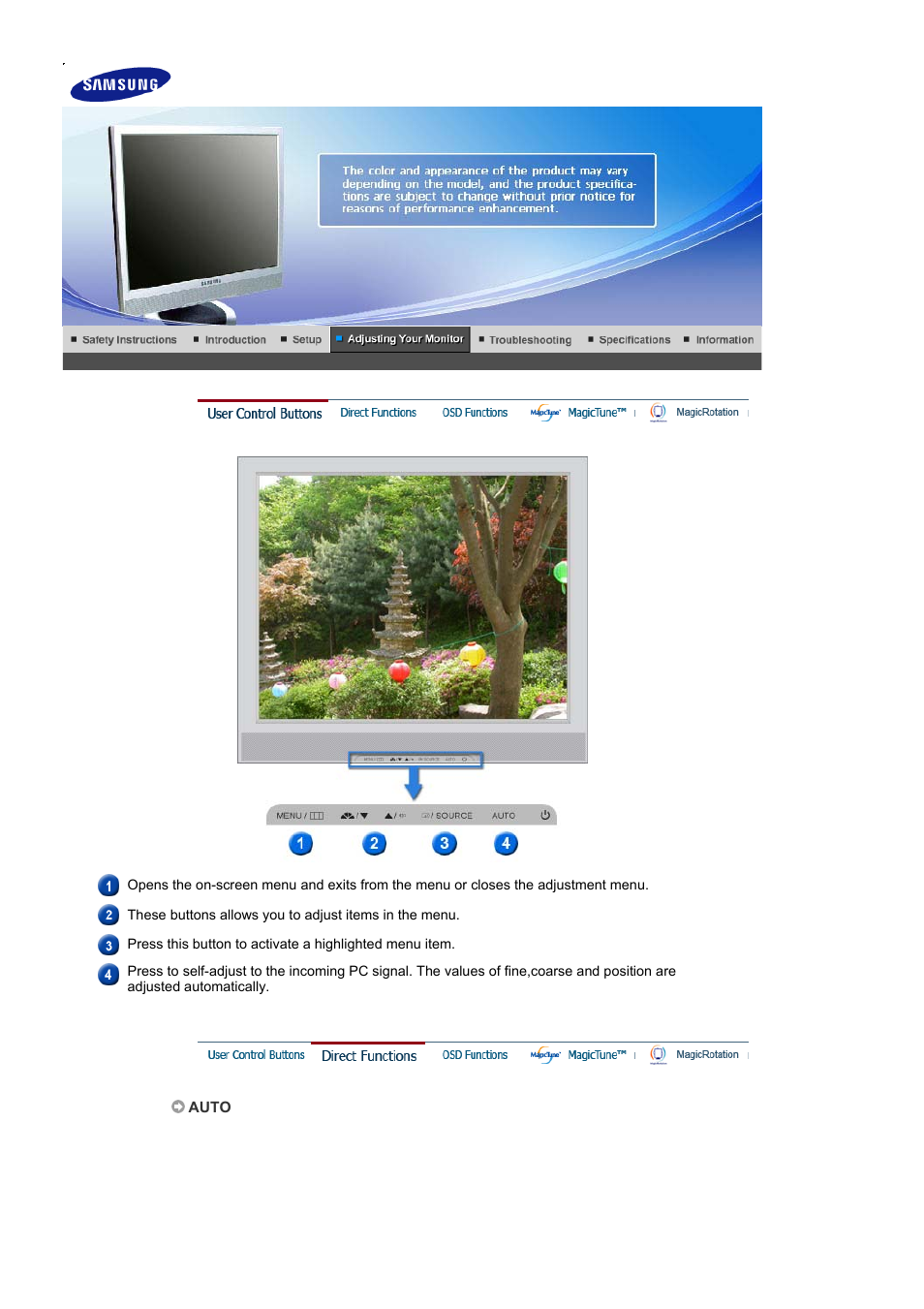 Adjusting your monitor, User control buttons, Direct functions | Samsung LS17MJSKS-XAA User Manual | Page 36 / 89