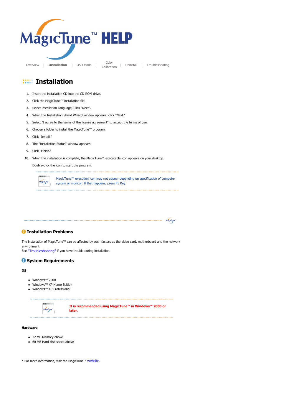 Installation, Installation problems, System requirements | Samsung LS17MJSKS-XAA User Manual | Page 47 / 89