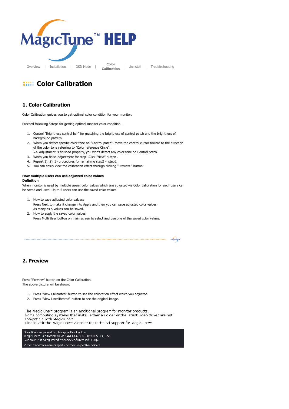 Color calibration, Preview | Samsung LS17MJSKS-XAA User Manual | Page 54 / 89