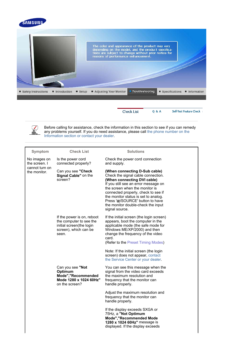 Troubleshooting, Check list | Samsung LS17MJSKS-XAA User Manual | Page 70 / 89