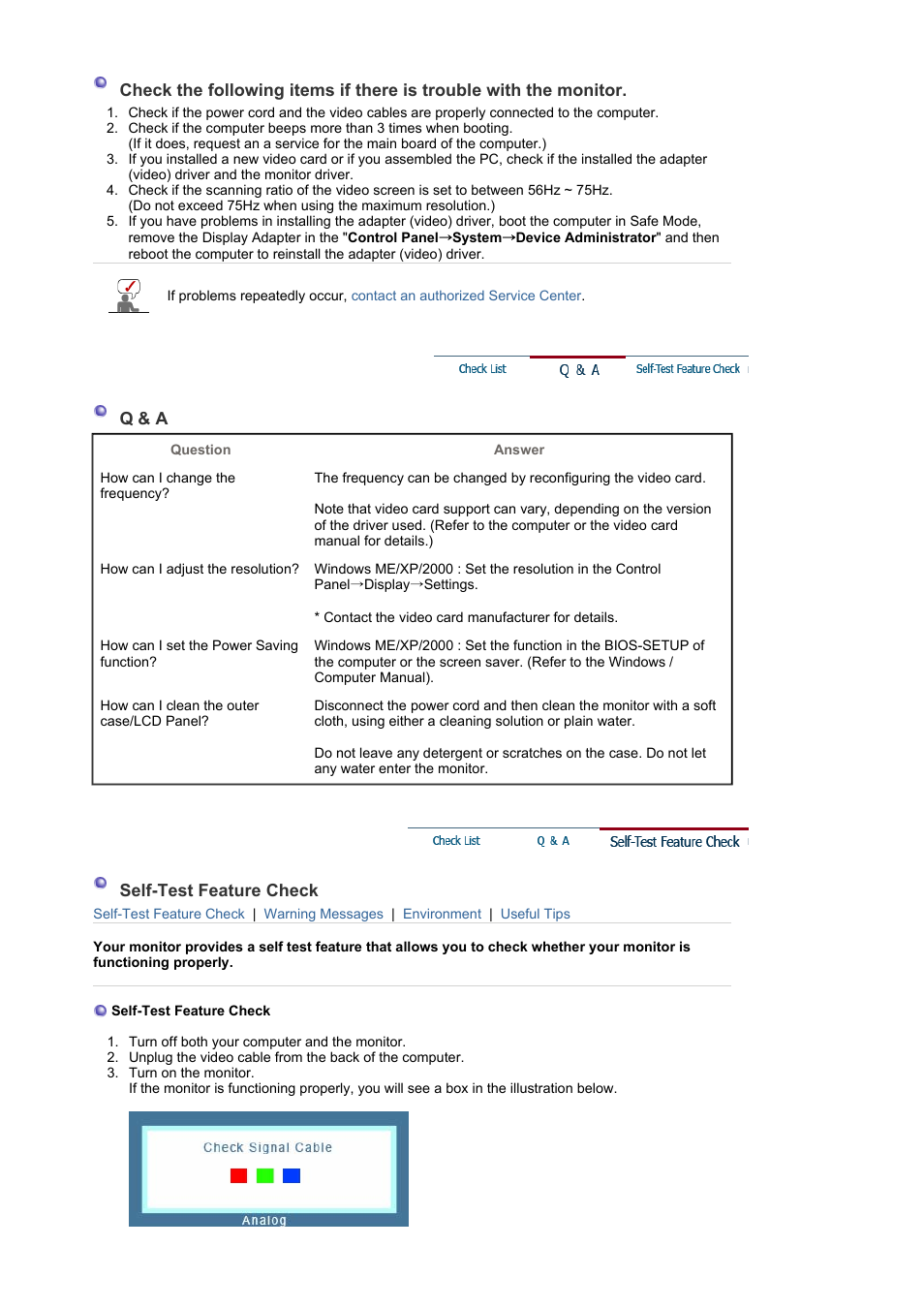 Q & a, Self-test feature check | Samsung LS17MJSKS-XAA User Manual | Page 73 / 89