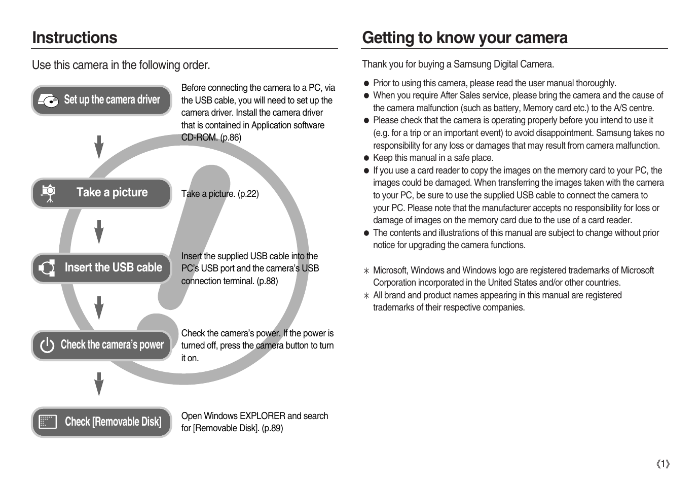 Instructions getting to know your camera | Samsung EC-NV15ZBBA-US User Manual | Page 2 / 102