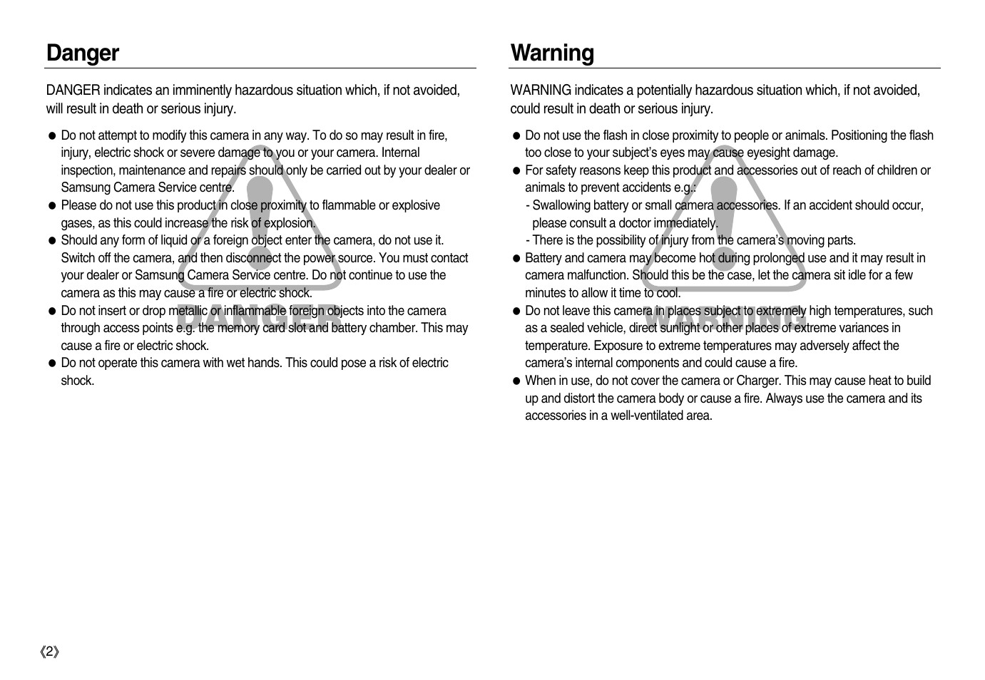 Danger warning | Samsung EC-NV15ZBBA-US User Manual | Page 3 / 102