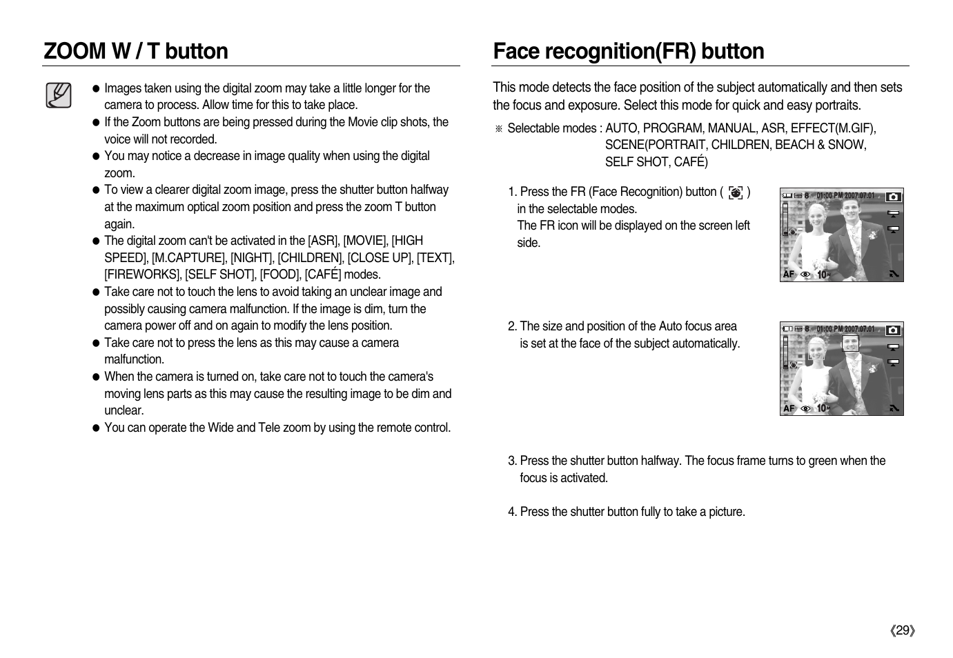 Zoom w / t button face recognition(fr) button | Samsung EC-NV15ZBBA-US User Manual | Page 30 / 102