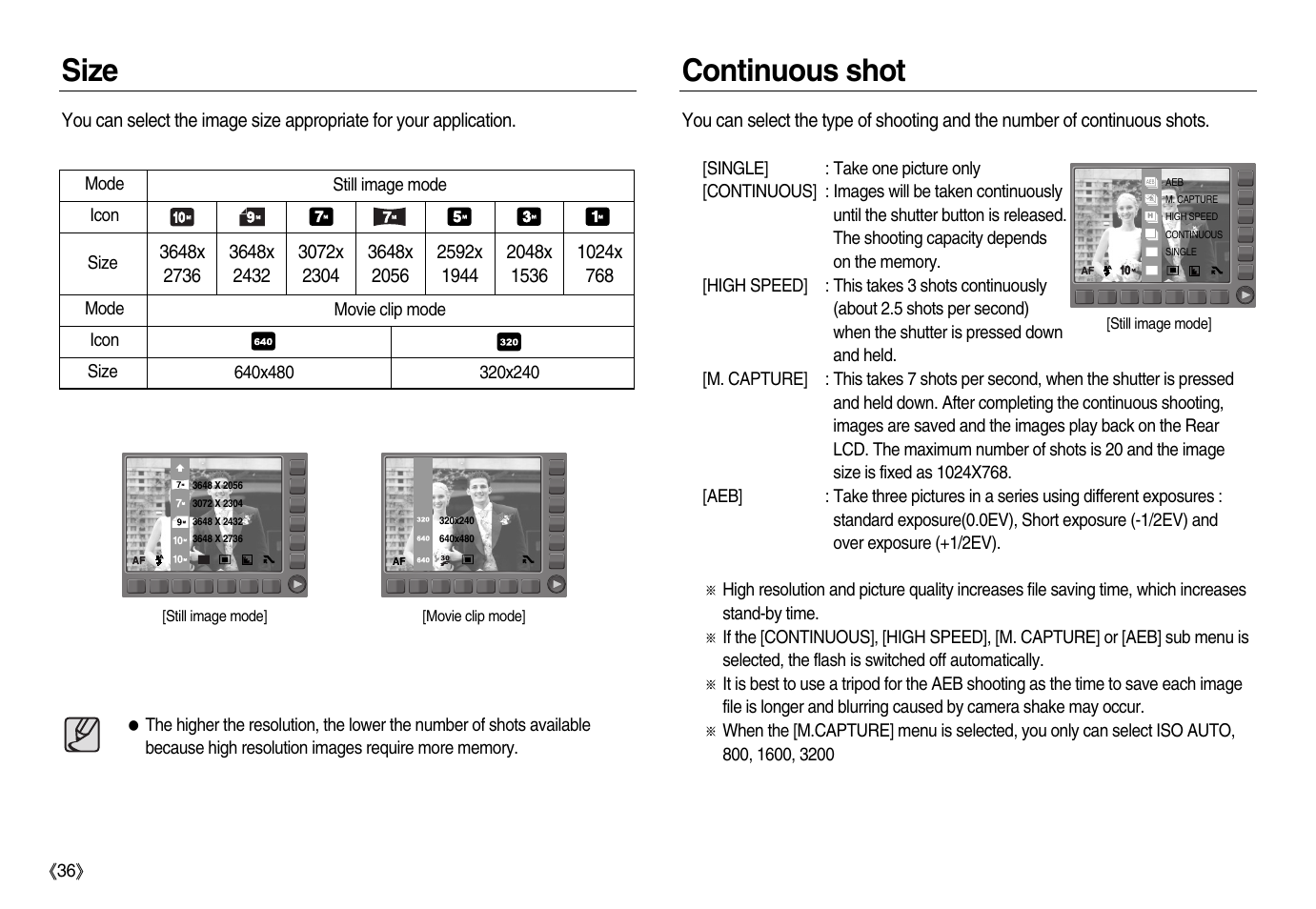 Size continuous shot | Samsung EC-NV15ZBBA-US User Manual | Page 37 / 102