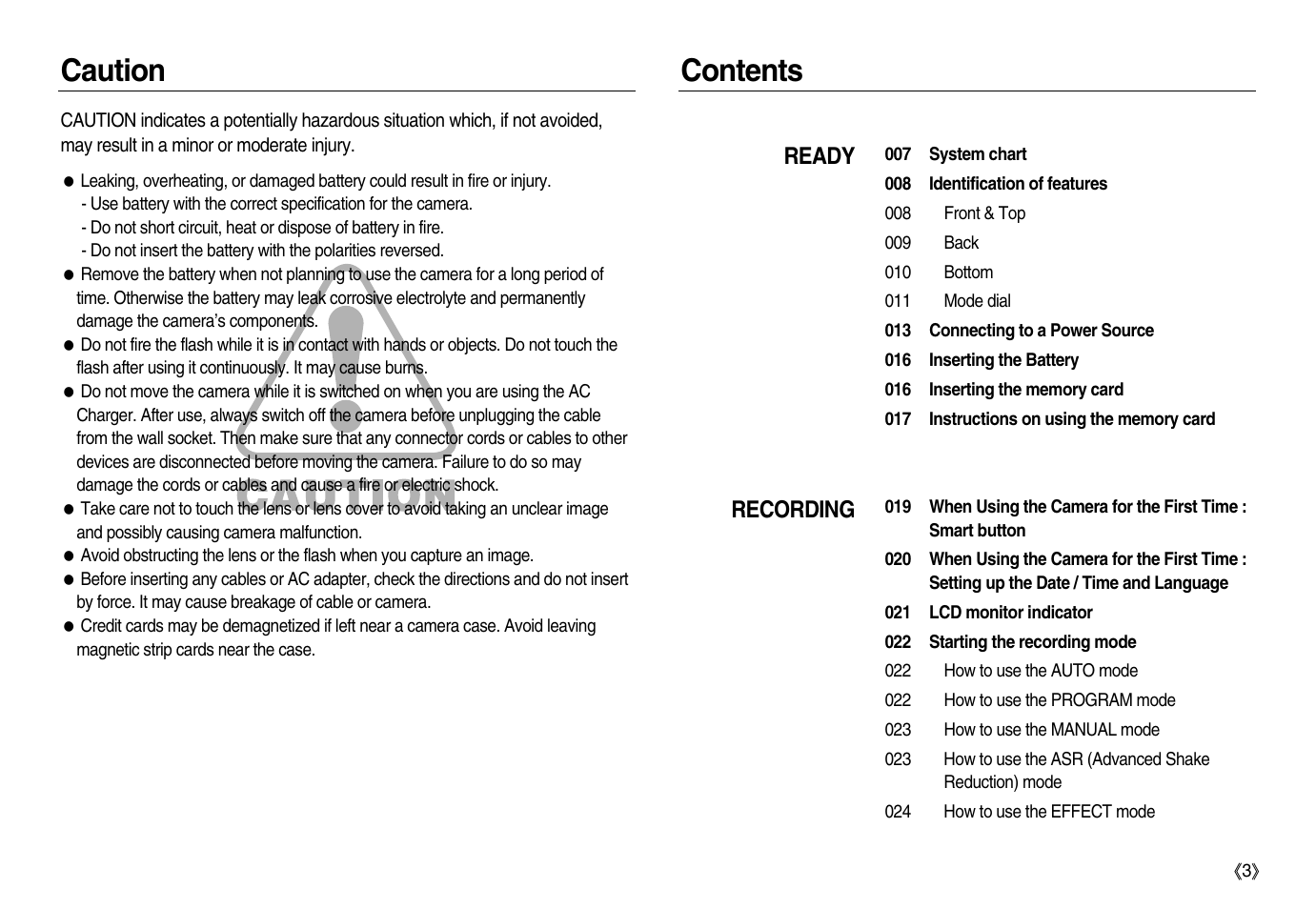 Caution contents, Ready recording | Samsung EC-NV15ZBBA-US User Manual | Page 4 / 102
