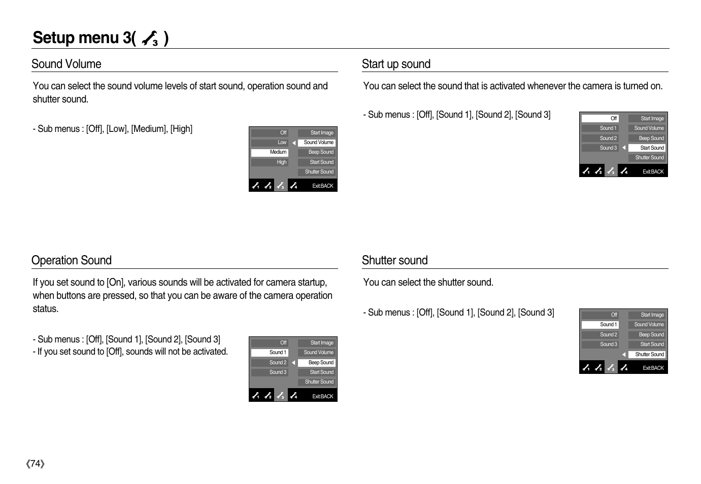 Setup menu 3( ), Sound volume, Start up sound | Shutter sound, Operation sound, You can select the shutter sound | Samsung EC-NV15ZBBA-US User Manual | Page 75 / 102