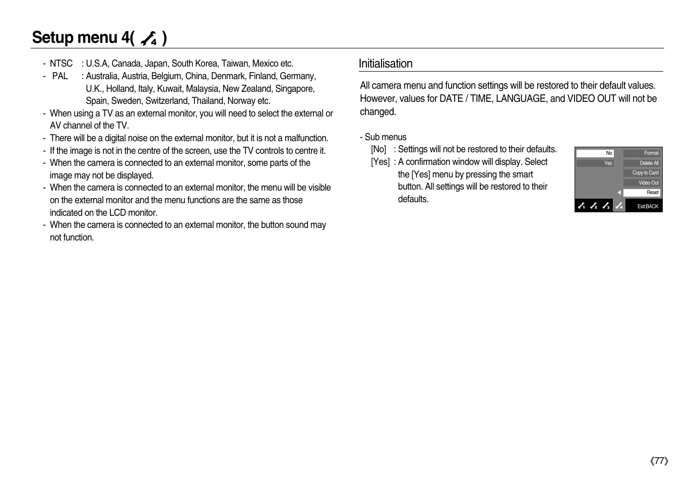 Setup menu 4( ), Initialisation | Samsung EC-NV15ZBBA-US User Manual | Page 78 / 102