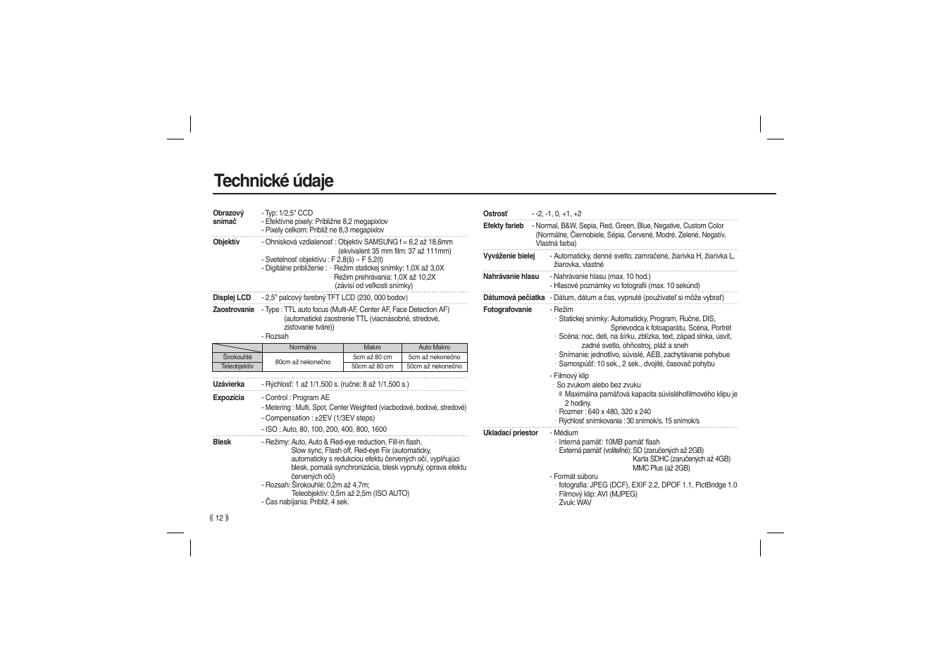 Technické údaje | Samsung EC-L100ZBBA-US User Manual | Page 109 / 162