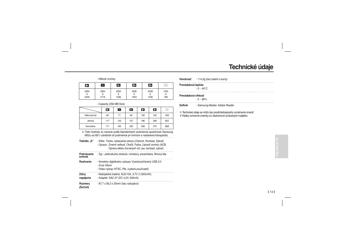 Technické údaje | Samsung EC-L100ZBBA-US User Manual | Page 110 / 162