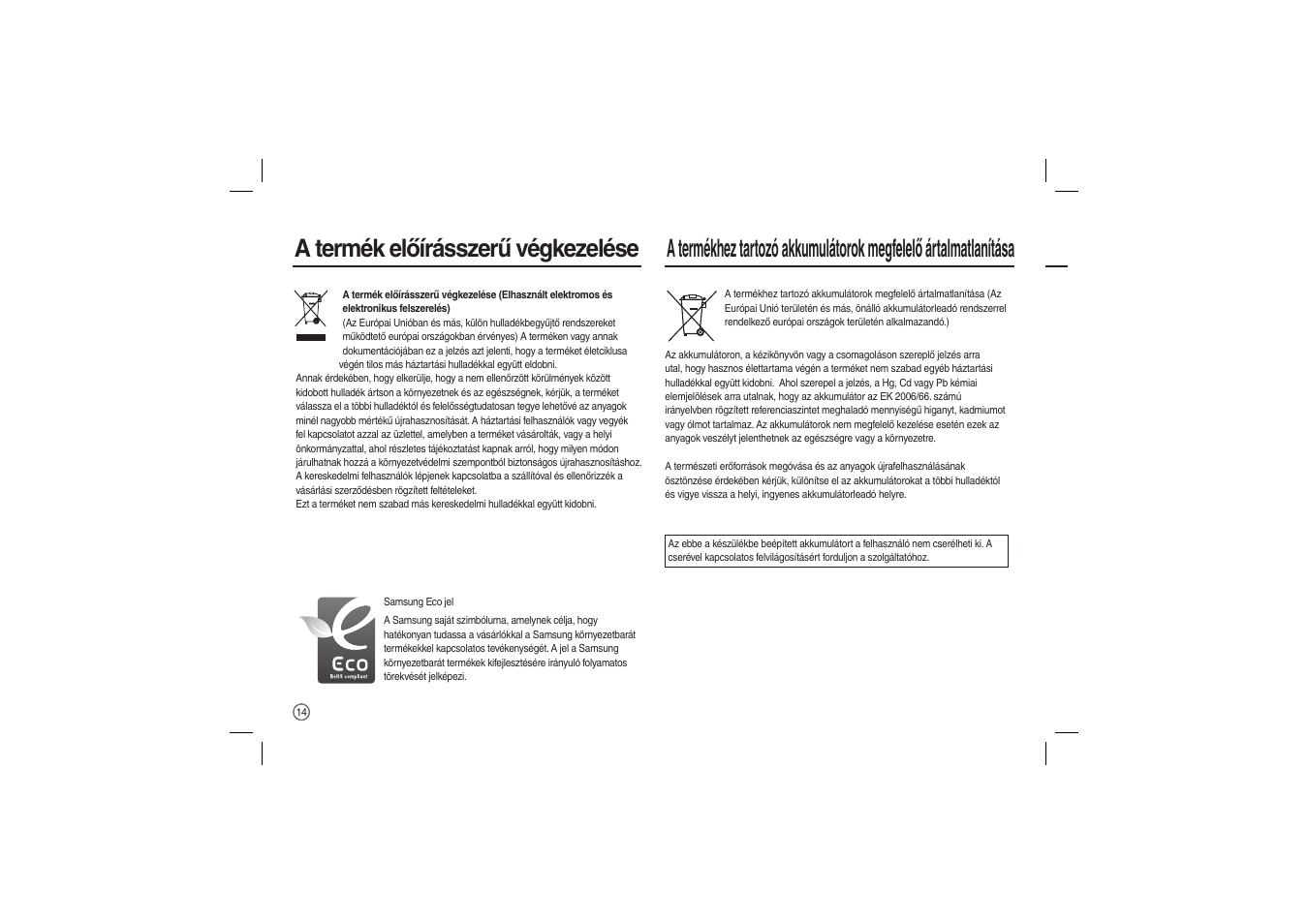 A termék előírásszerű végkezelése | Samsung EC-L100ZBBA-US User Manual | Page 127 / 162