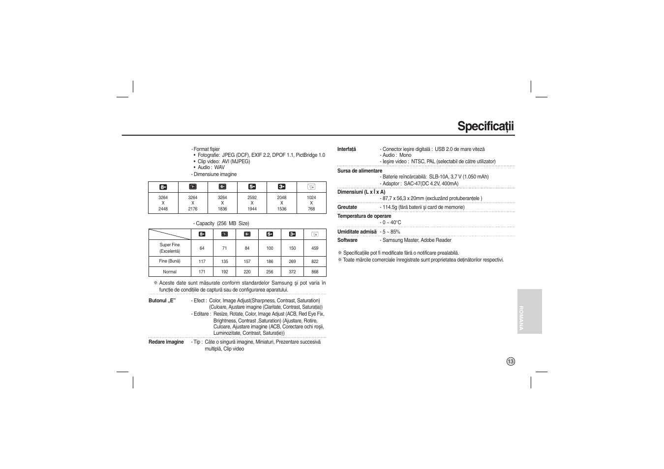 Specificaţii | Samsung EC-L100ZBBA-US User Manual | Page 142 / 162