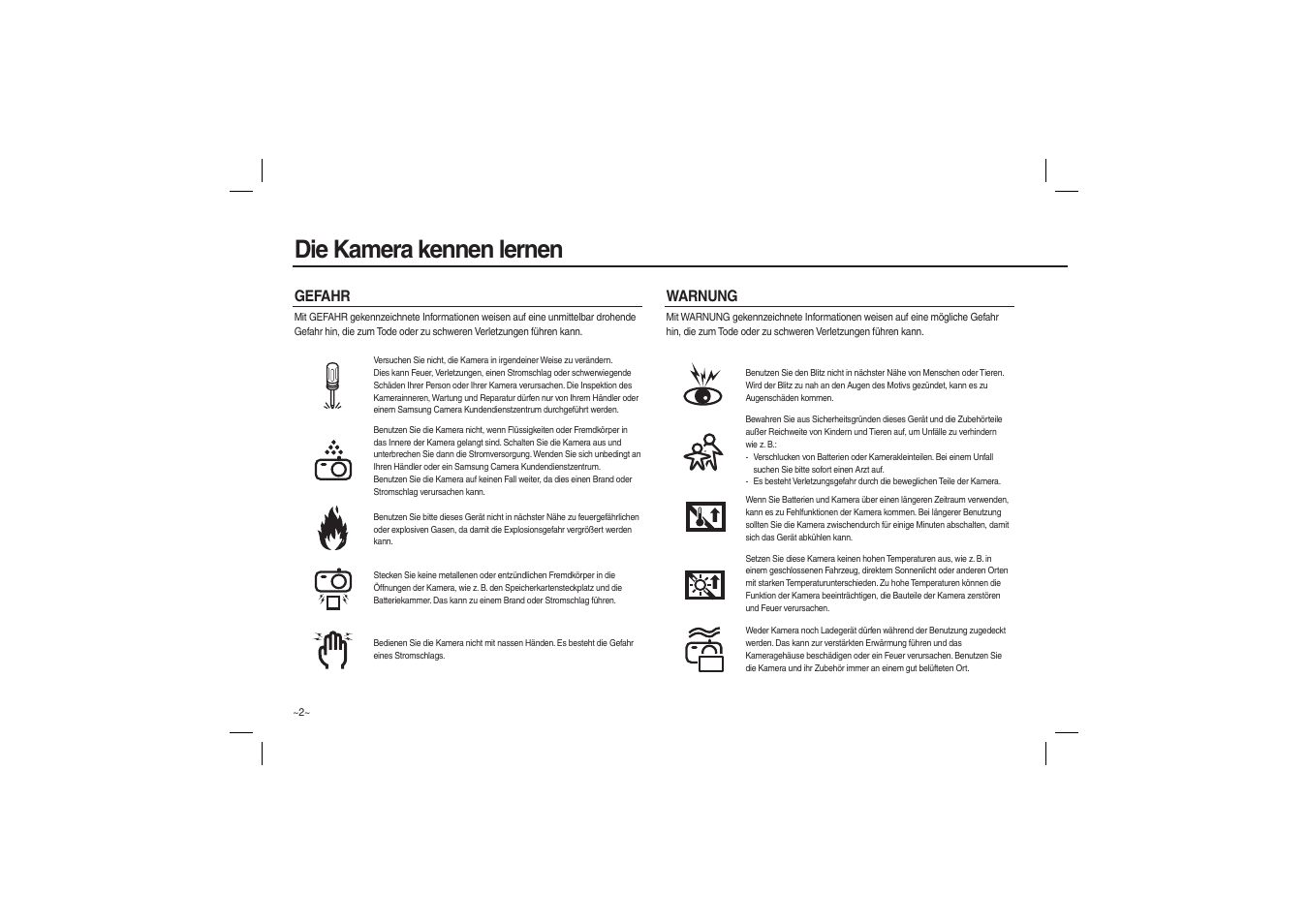 Die kamera kennen lernen, Gefahr warnung | Samsung EC-L100ZBBA-US User Manual | Page 19 / 162