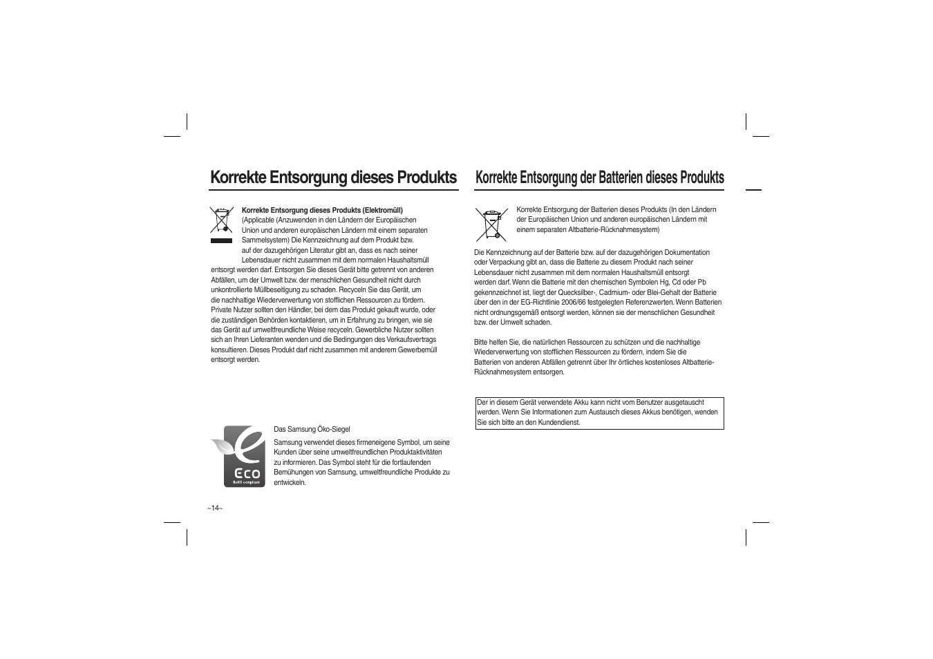 Korrekte entsorgung dieses produkts, Korrekte entsorgung der batterien dieses produkts | Samsung EC-L100ZBBA-US User Manual | Page 31 / 162