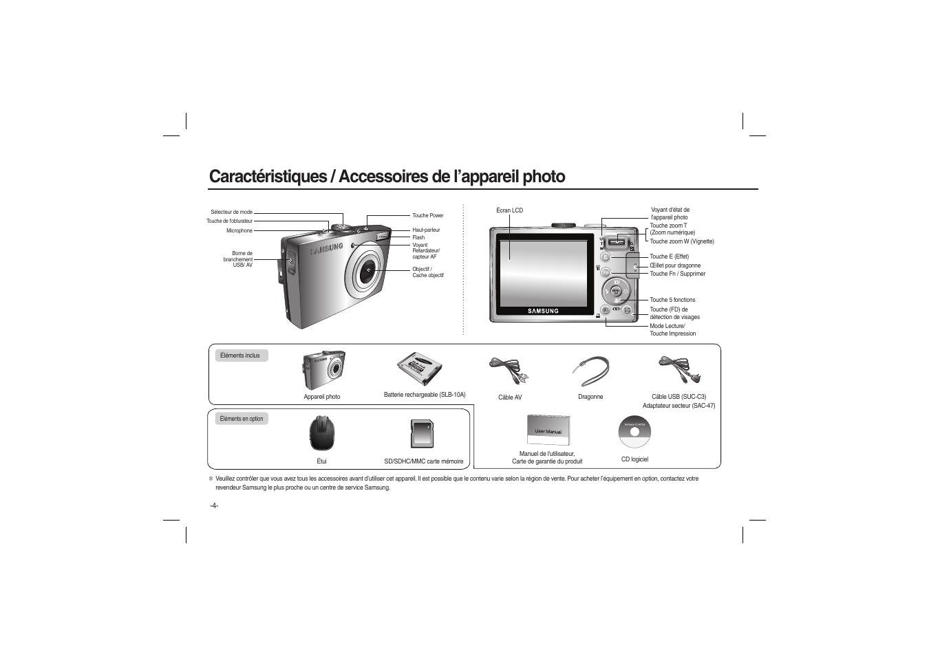 Caractéristiques / accessoires de l’appareil photo | Samsung EC-L100ZBBA-US User Manual | Page 37 / 162