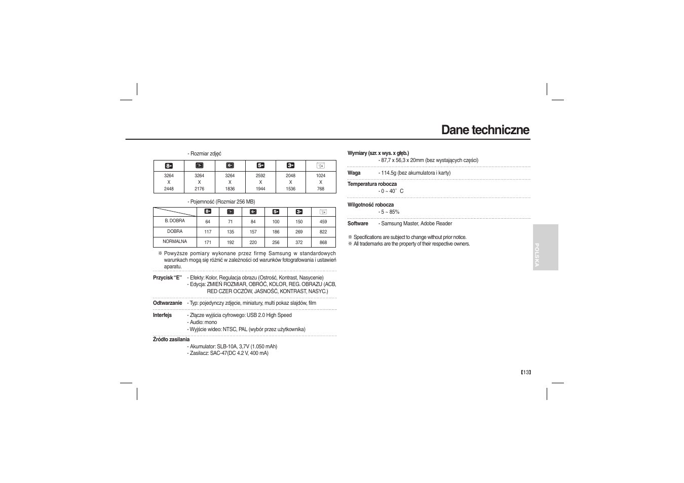 Dane techniczne | Samsung EC-L100ZBBA-US User Manual | Page 78 / 162