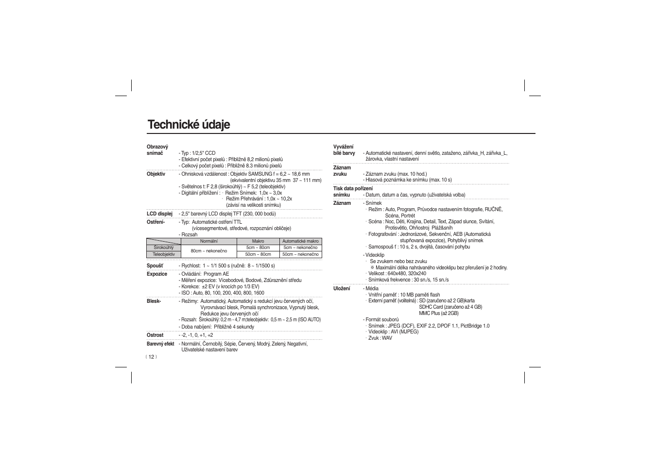 Technické údaje | Samsung EC-L100ZBBA-US User Manual | Page 93 / 162