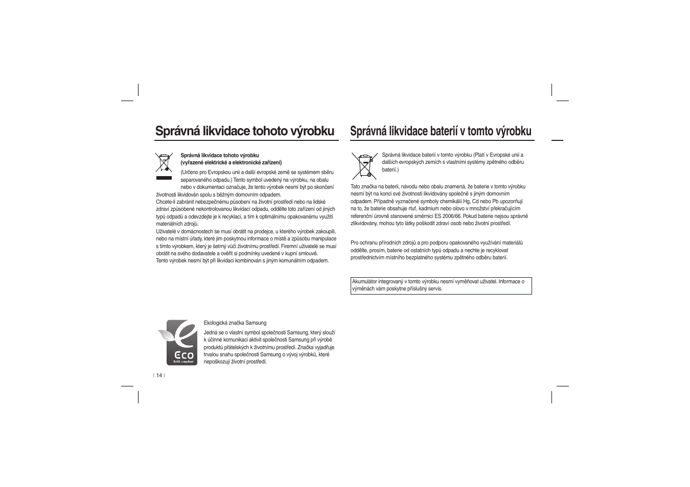 Správná likvidace tohoto výrobku, Správná likvidace baterií v tomto výrobku | Samsung EC-L100ZBBA-US User Manual | Page 95 / 162