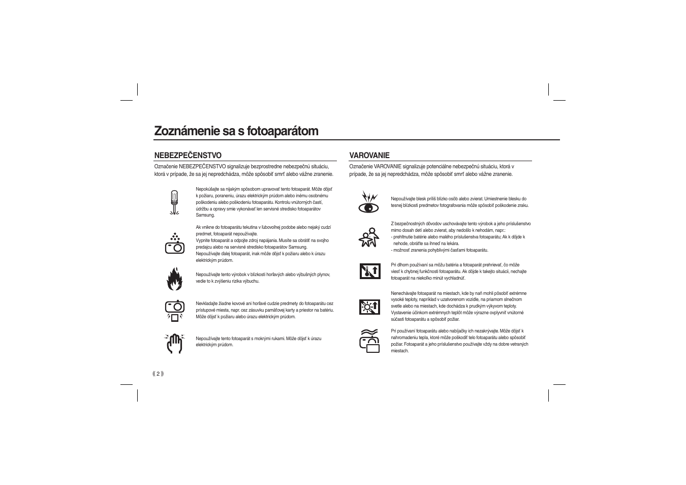 Zoznámenie sa s fotoaparátom, Nebezpečenstvo varovanie | Samsung EC-L100ZBBA-US User Manual | Page 99 / 162