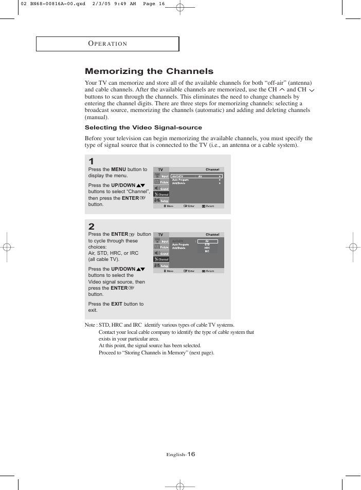 Memorizing the channels, Selecting the video signal-source | Samsung LNR1550X-XAA User Manual | Page 21 / 68