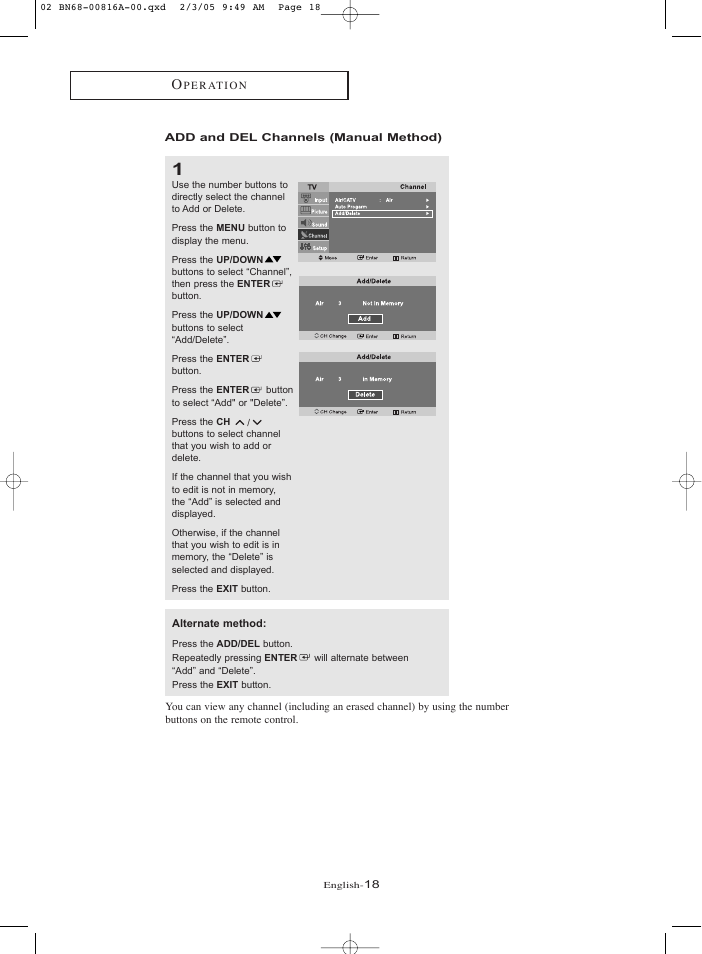 Add and del channels (manual method) | Samsung LNR1550X-XAA User Manual | Page 23 / 68