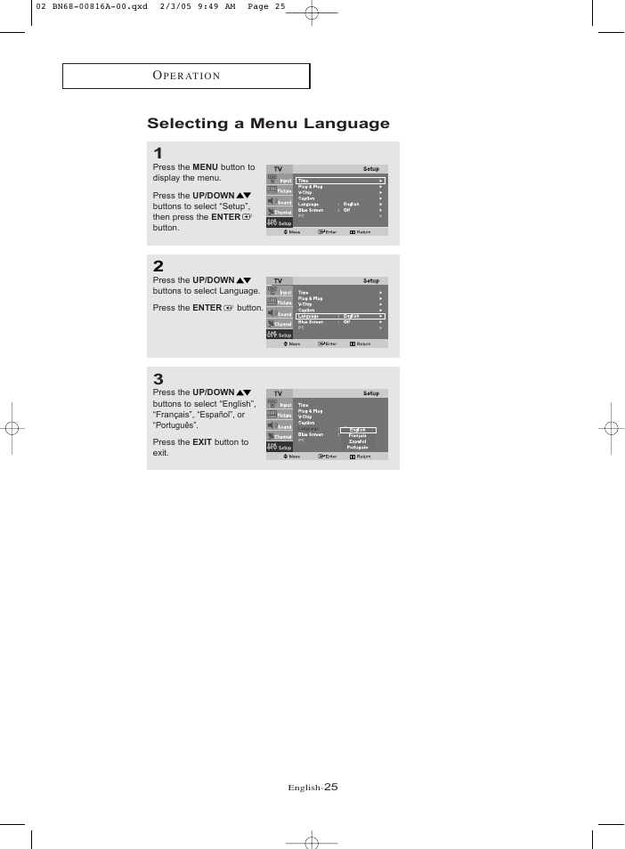 Selecting a menu language | Samsung LNR1550X-XAA User Manual | Page 30 / 68