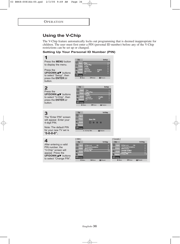 Using the v-chip, Setting up your personal id number (pin) | Samsung LNR1550X-XAA User Manual | Page 41 / 68
