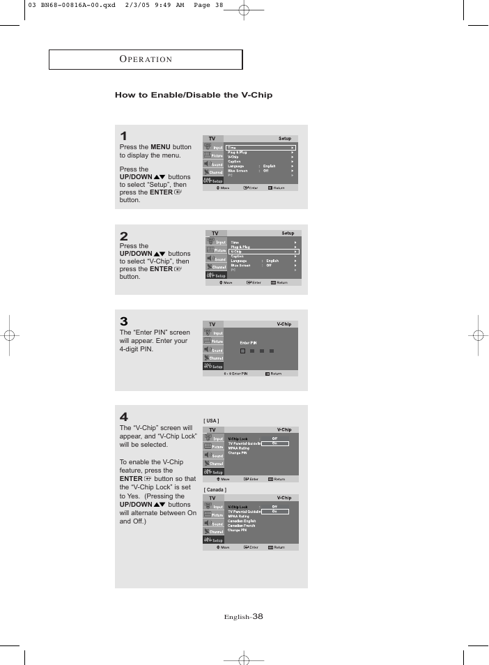 How to enable/disable the v-chip | Samsung LNR1550X-XAA User Manual | Page 43 / 68