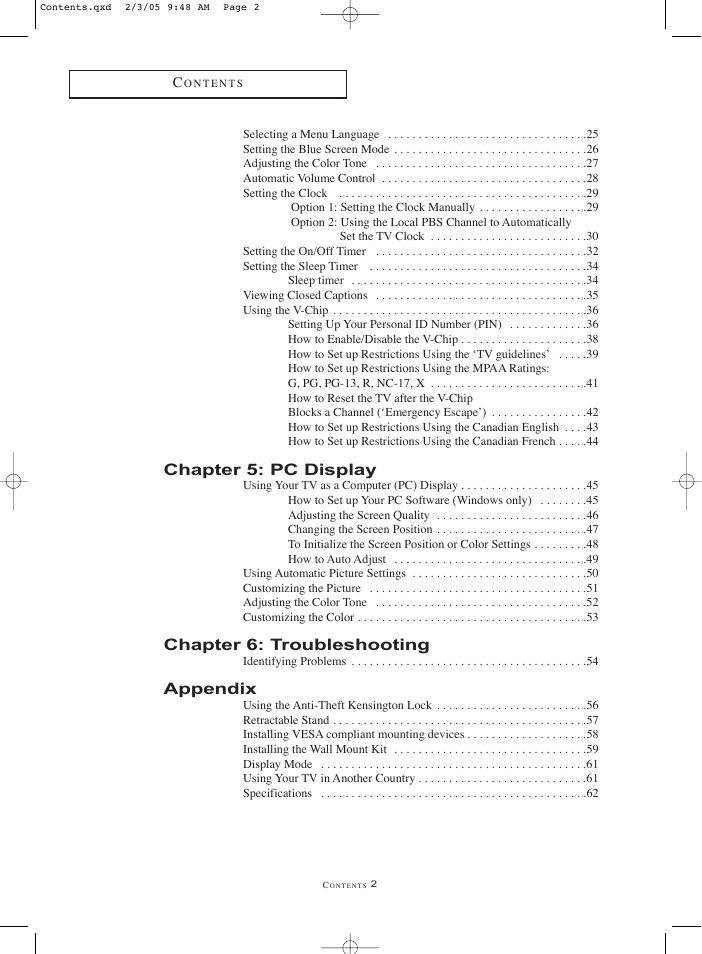 Chapter 5: pc display, Chapter 6: troubleshooting, Appendix | Samsung LNR1550X-XAA User Manual | Page 5 / 68