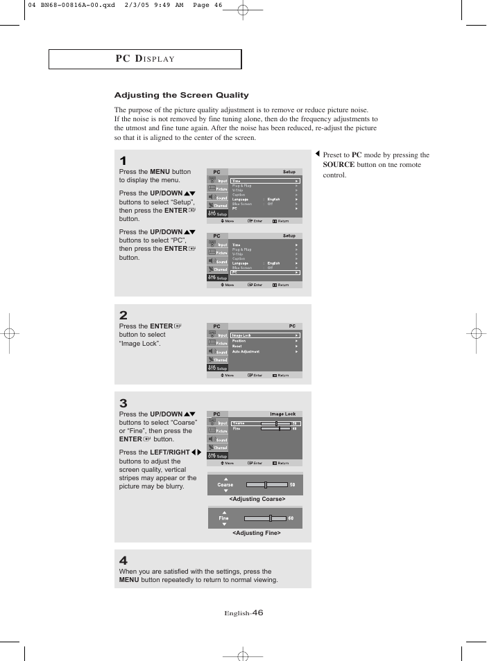 Adjusting the screen quality, Pc d | Samsung LNR1550X-XAA User Manual | Page 51 / 68