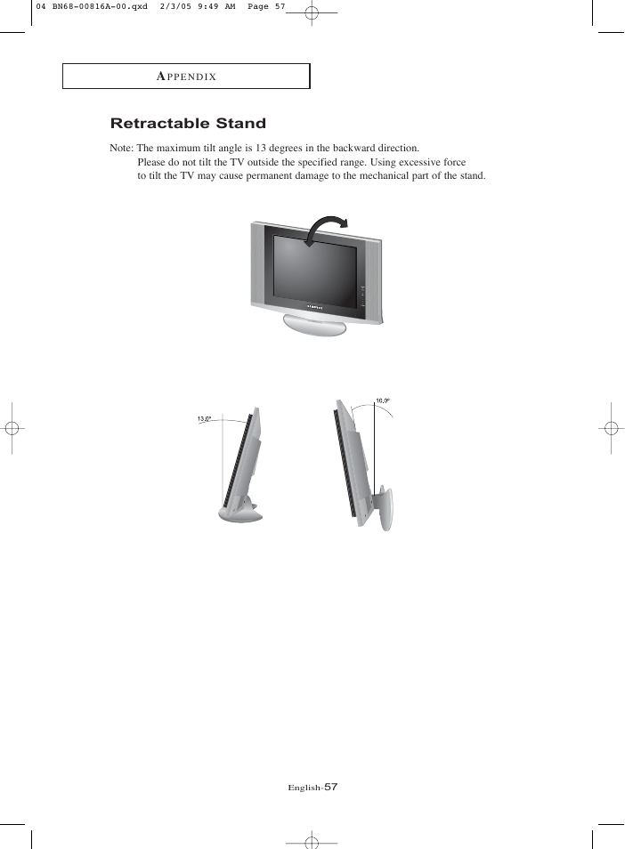 Retractable stand | Samsung LNR1550X-XAA User Manual | Page 62 / 68