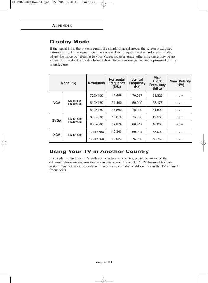 Display mode, Using your tv in another country | Samsung LNR1550X-XAA User Manual | Page 66 / 68