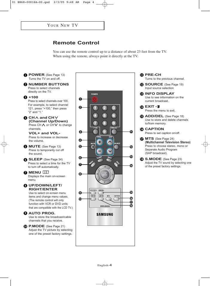 Remote control | Samsung LNR1550X-XAA User Manual | Page 9 / 68