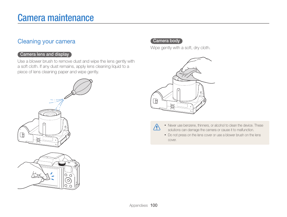 Camera maintenance, Cleaning your camera, Cleaning your camera ……………………………… 100 | Samsung EC-WB100ZBABUS User Manual | Page 101 / 125