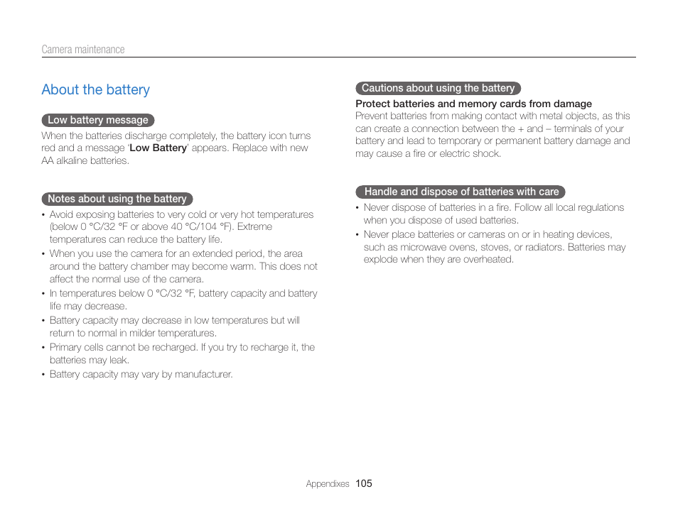 About the battery, About the battery …………………………………… 105 | Samsung EC-WB100ZBABUS User Manual | Page 106 / 125