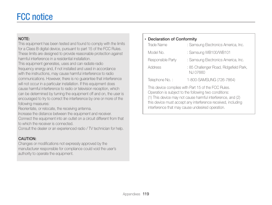 Fcc notice | Samsung EC-WB100ZBABUS User Manual | Page 120 / 125