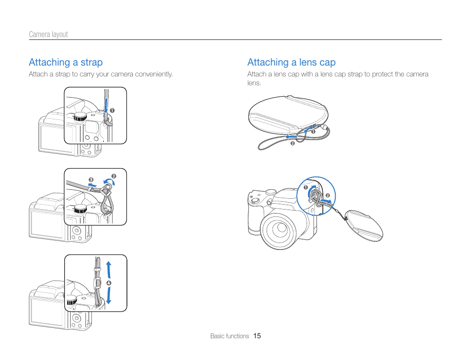 Attaching a strap, Attaching a lens cap | Samsung EC-WB100ZBABUS User Manual | Page 16 / 125