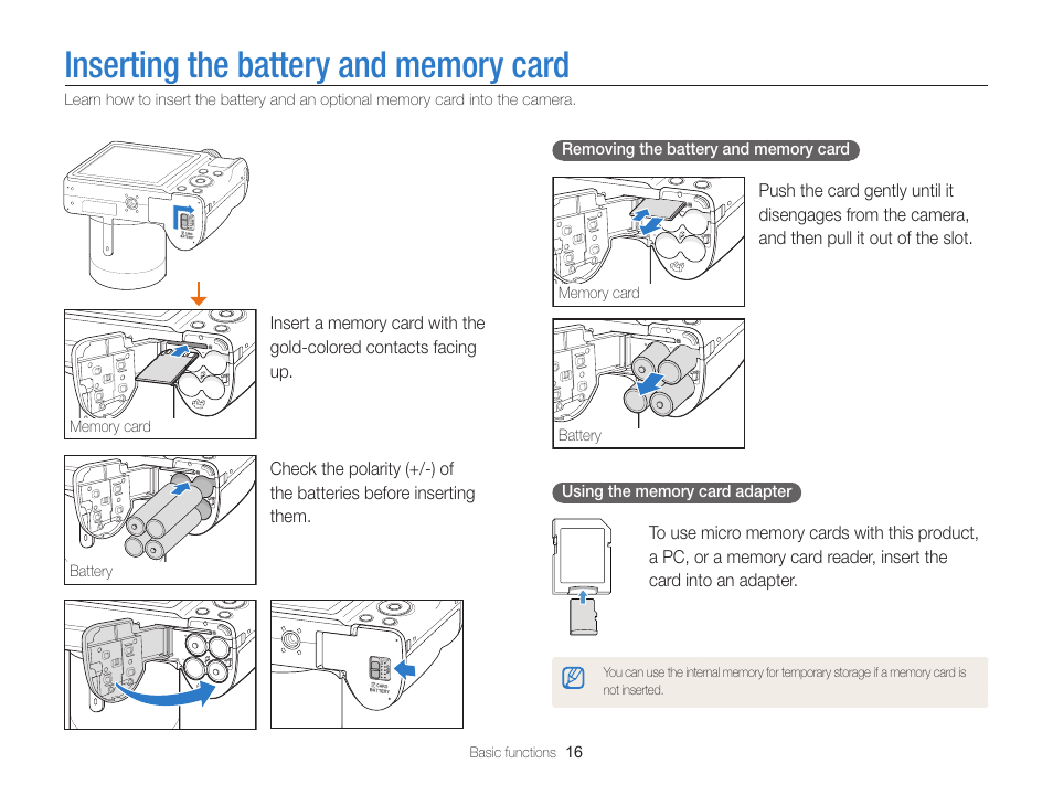 Inserting the battery and memory card | Samsung EC-WB100ZBABUS User Manual | Page 17 / 125