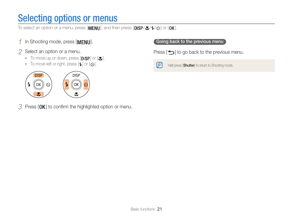 Selecting options or menus | Samsung EC-WB100ZBABUS User Manual | Page 22 / 125