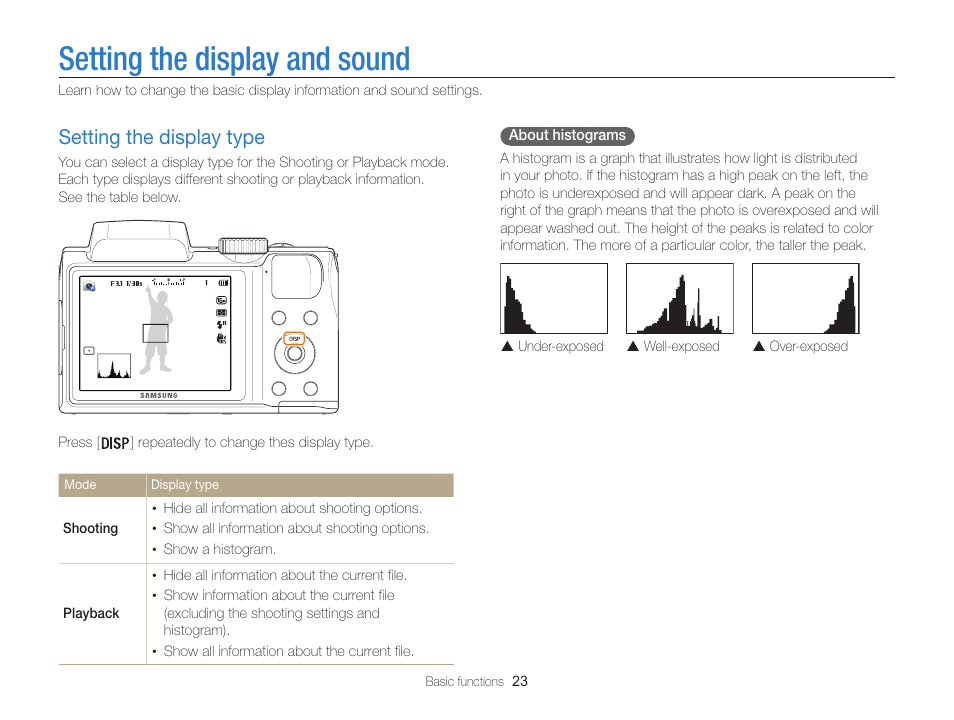 Setting the display and sound, Setting the display type, Setting the display type …………………… 23 | Samsung EC-WB100ZBABUS User Manual | Page 24 / 125