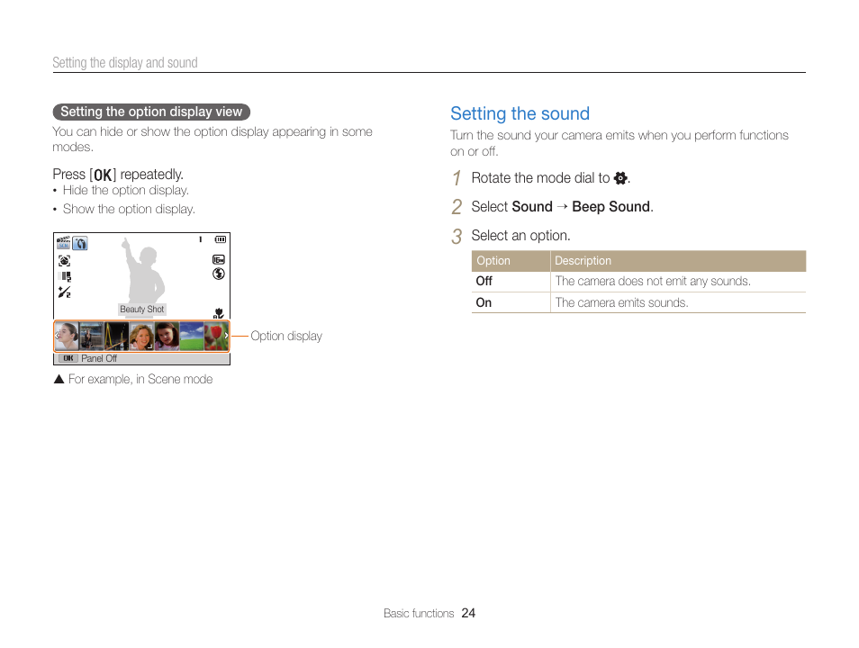 Setting the sound, Setting the sound ………………………… 24 | Samsung EC-WB100ZBABUS User Manual | Page 25 / 125